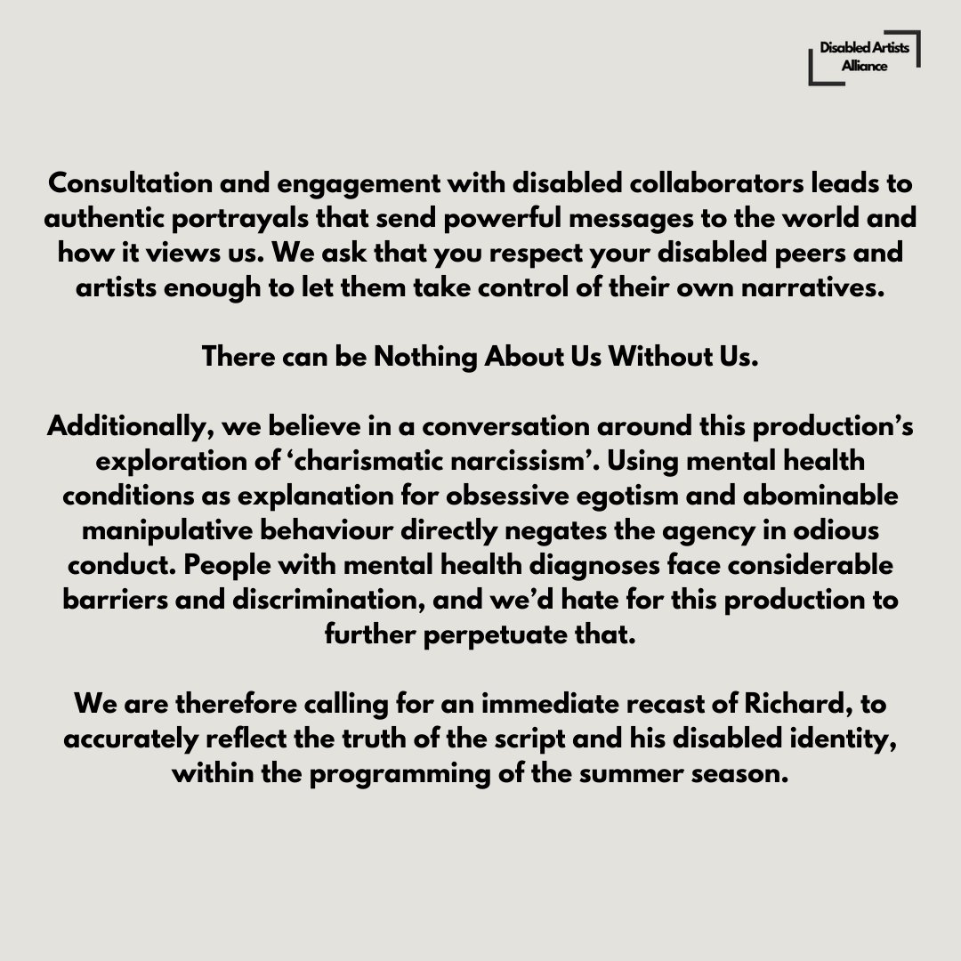 Disabled Artists Alliance (@disartalliance) on Twitter photo We are an alliance of 167 disabled and ally theatre professionals and 19 creative organisations.
This is our open letter to <a href="/The_Globe/">Shakespeare’s Globe</a> regarding their summer season production of Richard III.
#NothingAboutUsWithoutUs
1/2 We are an alliance of 167 disabled and ally theatre professionals and 19 creative organisations.
This is our open letter to <a href="/The_Globe/">Shakespeare’s Globe</a> regarding their summer season production of Richard III.
#NothingAboutUsWithoutUs
1/2