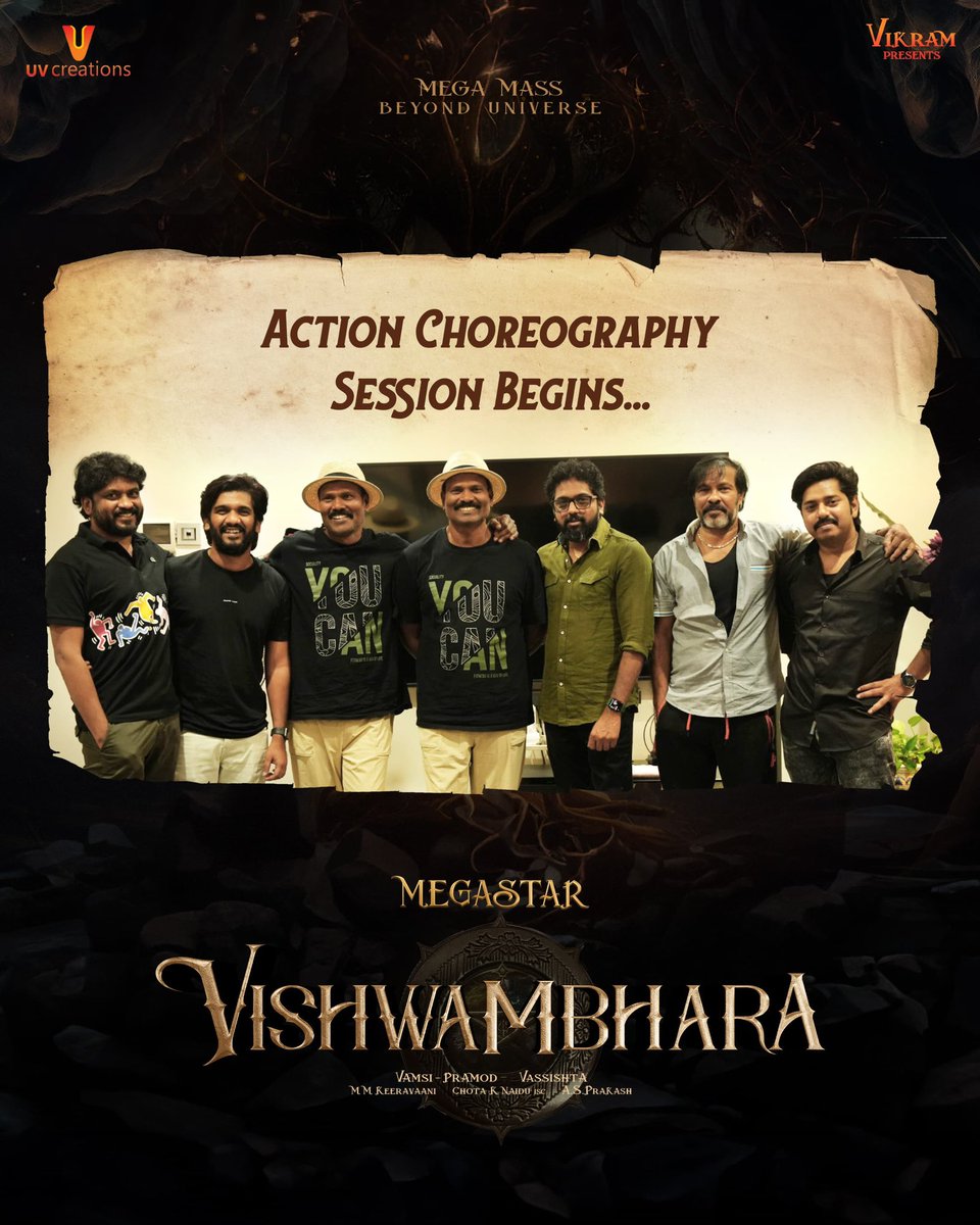 MEGA MASS BEYOND UNIVERSE gets into action mode 🔮💥 Director @DirVassishta, DOP @NaiduChota have begun the Action Choreography discussions with renowned action directors #RamLakshman masters for the fight sequences of #Vishwambhara 💥💥 MEGASTAR @KChiruTweets @mmkeeravaani