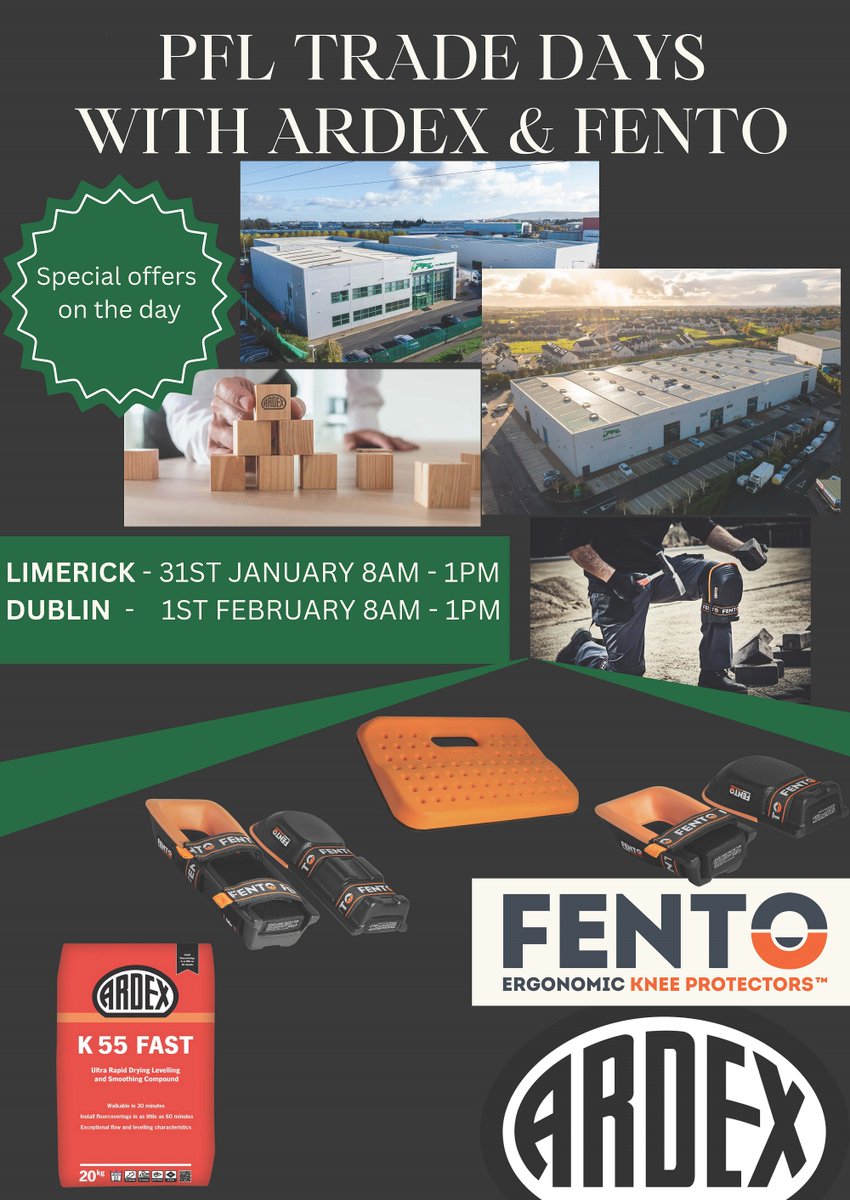 PFL_Ireland's tweet photo. From 8am - 1pm tomorrow #Fento Ergonomic Knee Protectors and @ArdexIreland will be hosting a demo day at our #Limerick trade counter. Make sure to drop by for product demonstrations, drinks & snacks, and exclusive on-the-day deals. #flooring #trade https://t.co/JewAj3qhbx