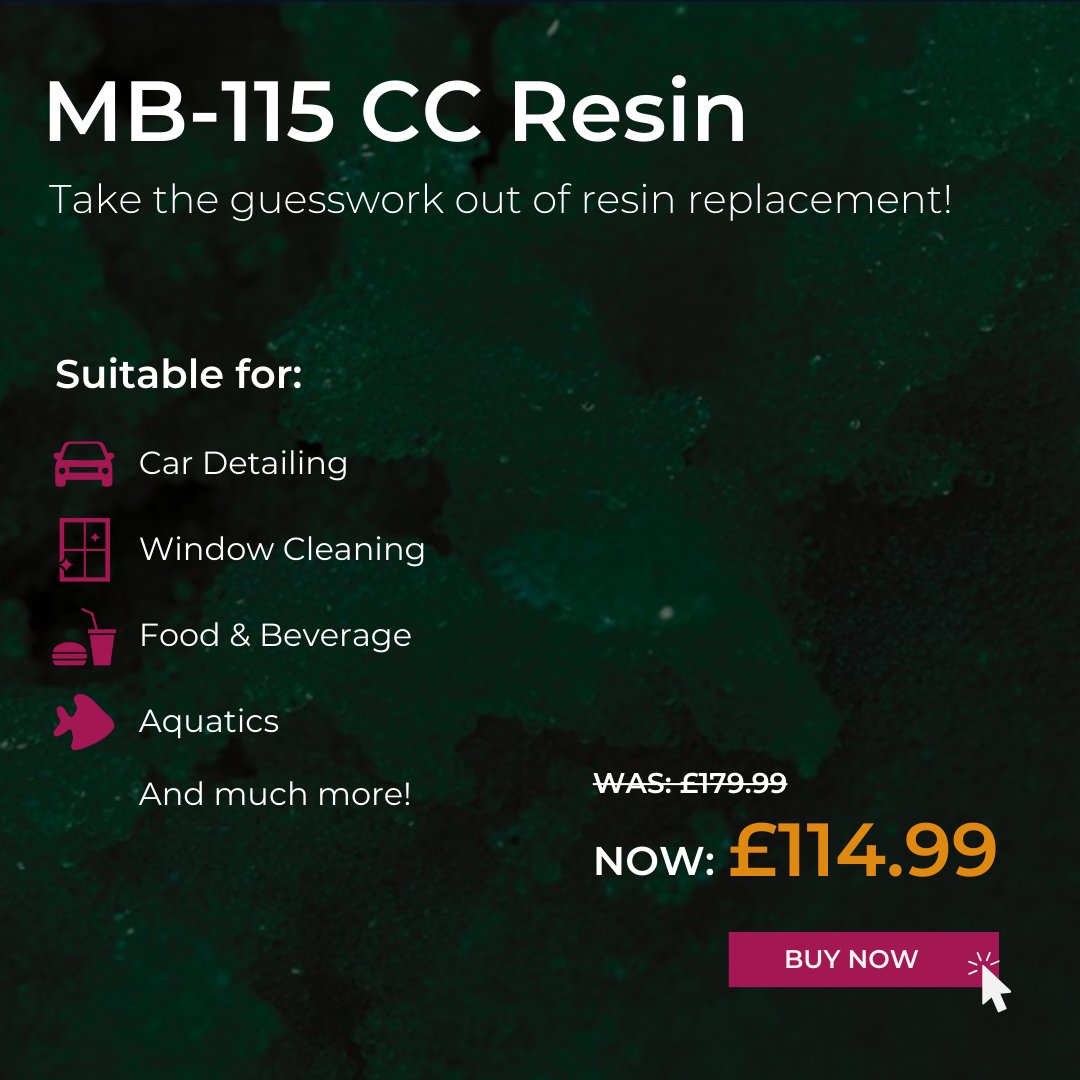 Vyair MB-115 Colour Change Deionising Resin - Take the guesswork out of replacing your resin, BUY NOW!

Changes colour when it needs replacing!

Was: £174.99 - NOW: £114.99

#vyair #watertreatment #deionisingresin #diresin
#cardetailing