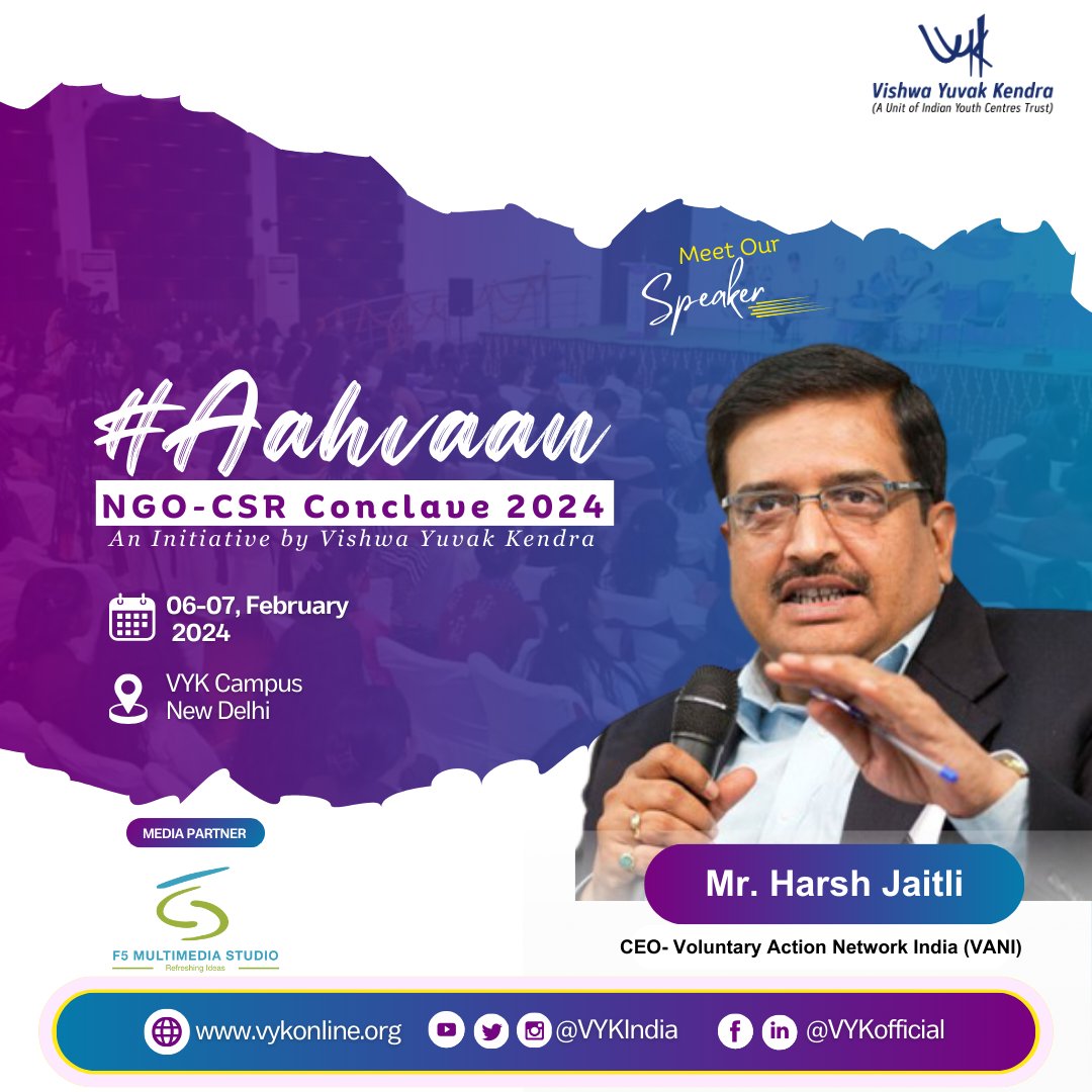 VYKIndia's tweet photo. We are delighted to welcome Mr. Harsh Jaitli, CEO of VANI, as our esteemed speaker for #Aahvaan: #NGO-#CSR #Conclave2024.
Please note: Only confirmed participants will be able to participate.
#SocialImpactSummit #CSRLeadersForum #SocEntSummit #VYKCSR https://t.co/pDKDEOmd8l