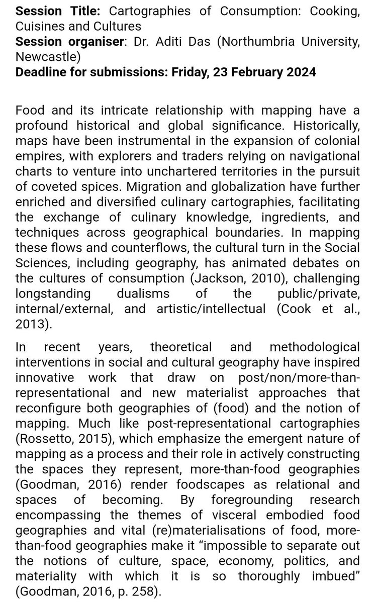Aditi Das, PhD (@aditidas808) on Twitter photo Call for papers <a href="/RGS_IBG/">Royal Geographical Society (with IBG)</a> #rgs_ibg2024
Cartographies of Consumption: Cooking, Cuisines and Cultures sponsored by <a href="/FoodGeog/">Food Geographies</a>
Encourage contributions from PGRs & ECRs, and from people working in/on the Global South
Please consider submitting an abstract. Call for papers <a href="/RGS_IBG/">Royal Geographical Society (with IBG)</a> #rgs_ibg2024
Cartographies of Consumption: Cooking, Cuisines and Cultures sponsored by <a href="/FoodGeog/">Food Geographies</a>
Encourage contributions from PGRs & ECRs, and from people working in/on the Global South
Please consider submitting an abstract.