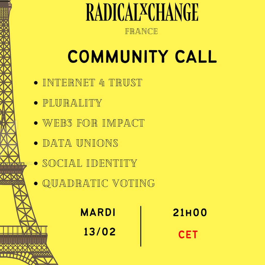 Notre prochain community call aura lieu le mardi 13 Fevrier a 21h CET. Il s'agit de notre forum mensuel pour partager vos actualités et initiatives autour de la démocratie, du web3 et des nouvelles formes d’engagement ou de financement. DM pour les details du call