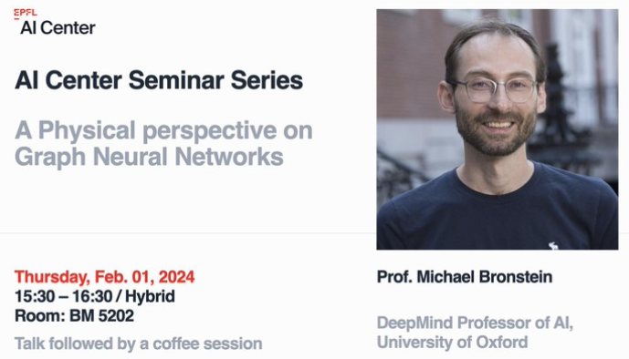 EPFL_AI_Center (@epfl_ai_center) on Twitter photo Joining us Thursday on EPFL_en campus is <a href="/mmbronstein/">Michael Bronstein</a>, DeepMind Professor of AI from
<a href="/UniofOxford/">University of Oxford</a>. You don't want to miss this!
⏰15:30-16:30
👉🏽 BM 5202
<a href="/ICepfl/">EPFL Computer and Communication Sciences</a> <a href="/epflSV/">EPFL Life Sciences</a> <a href="/epflENAC/">EPFL-ENAC</a> <a href="/EPFLcdh/">EPFL CDH - College of Humanities</a> <a href="/EPFLlibrary/">Bibliothèque de l'EPFL</a> @epflengineering <a href="/EPFL_Imaging/">EPFL Center for Imaging</a>
memento.epfl.ch/event/ai-cente… Joining us Thursday on EPFL_en campus is <a href="/mmbronstein/">Michael Bronstein</a>, DeepMind Professor of AI from
<a href="/UniofOxford/">University of Oxford</a>. You don't want to miss this!
⏰15:30-16:30
👉🏽 BM 5202
<a href="/ICepfl/">EPFL Computer and Communication Sciences</a> <a href="/epflSV/">EPFL Life Sciences</a> <a href="/epflENAC/">EPFL-ENAC</a> <a href="/EPFLcdh/">EPFL CDH - College of Humanities</a> <a href="/EPFLlibrary/">Bibliothèque de l'EPFL</a> @epflengineering <a href="/EPFL_Imaging/">EPFL Center for Imaging</a>
memento.epfl.ch/event/ai-cente…