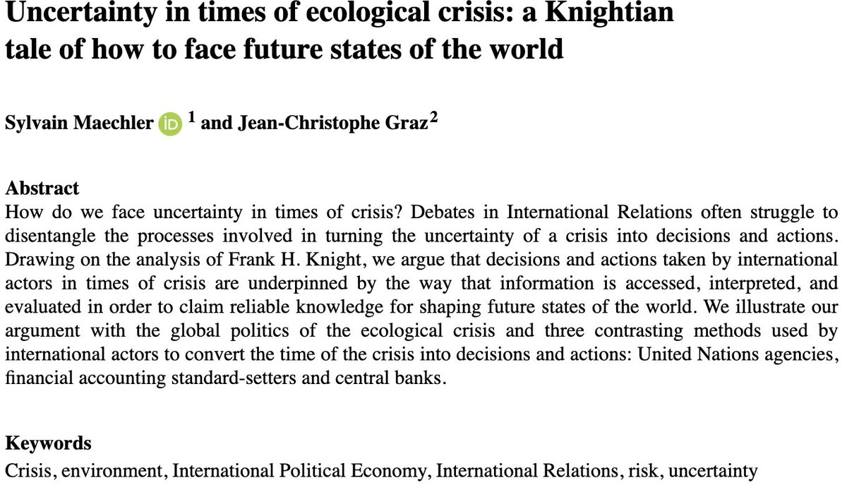 🚨 Fantastic to see this out!

In our O/A article with @mrjayceejaycee in <a href="/EuroJournIR/">EJIR (European Journal of International Relations)</a>, we draw on Frank Knight’s analysis to explain how international actors claim reliable knowledge for shaping future states of the world in times of crisis.

A short🧵👇 1/9