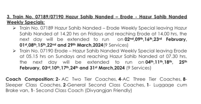 The South Central Railway extends the operation of the following #SpecialTrain. 

Passengers, kindly stay updated with these announcements to plan your trip. 

Stay informed, stay safe, and have a #SafeJourney! 

#SouthernRailway #RailwayAlert