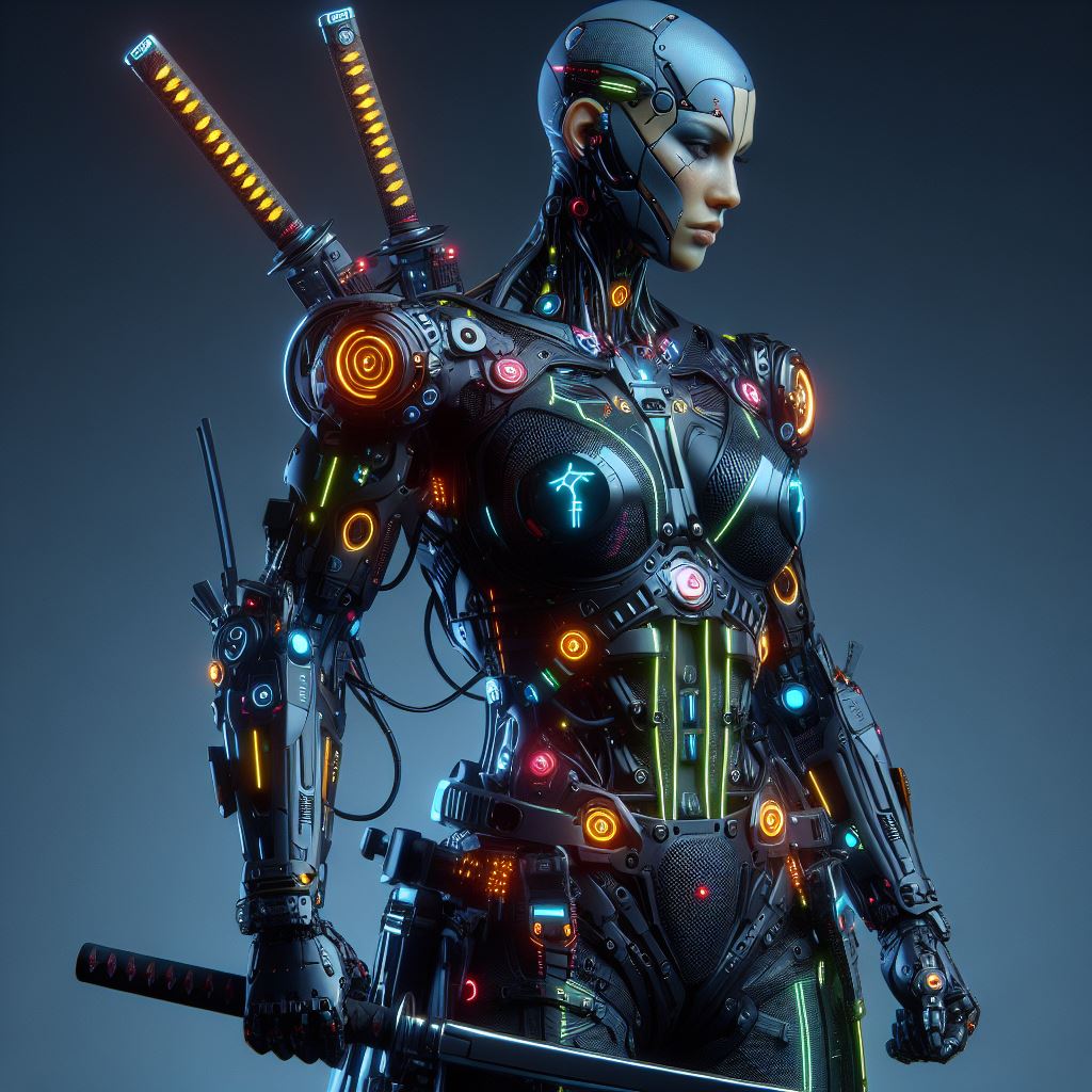Dhairya21441086's tweet image. Prompt: Clothing: Armored exosuit with integrated weapons and neon accents. Hairstyle: Shaved head with embedded LED lights. Accessories: High-tech katana, cybernetic enhancements.

#CyberpunkFashion #TechArmor #NeonWarrior #FutureSamurai #ExosuitStyle #LEDHairstyle #HighTech
