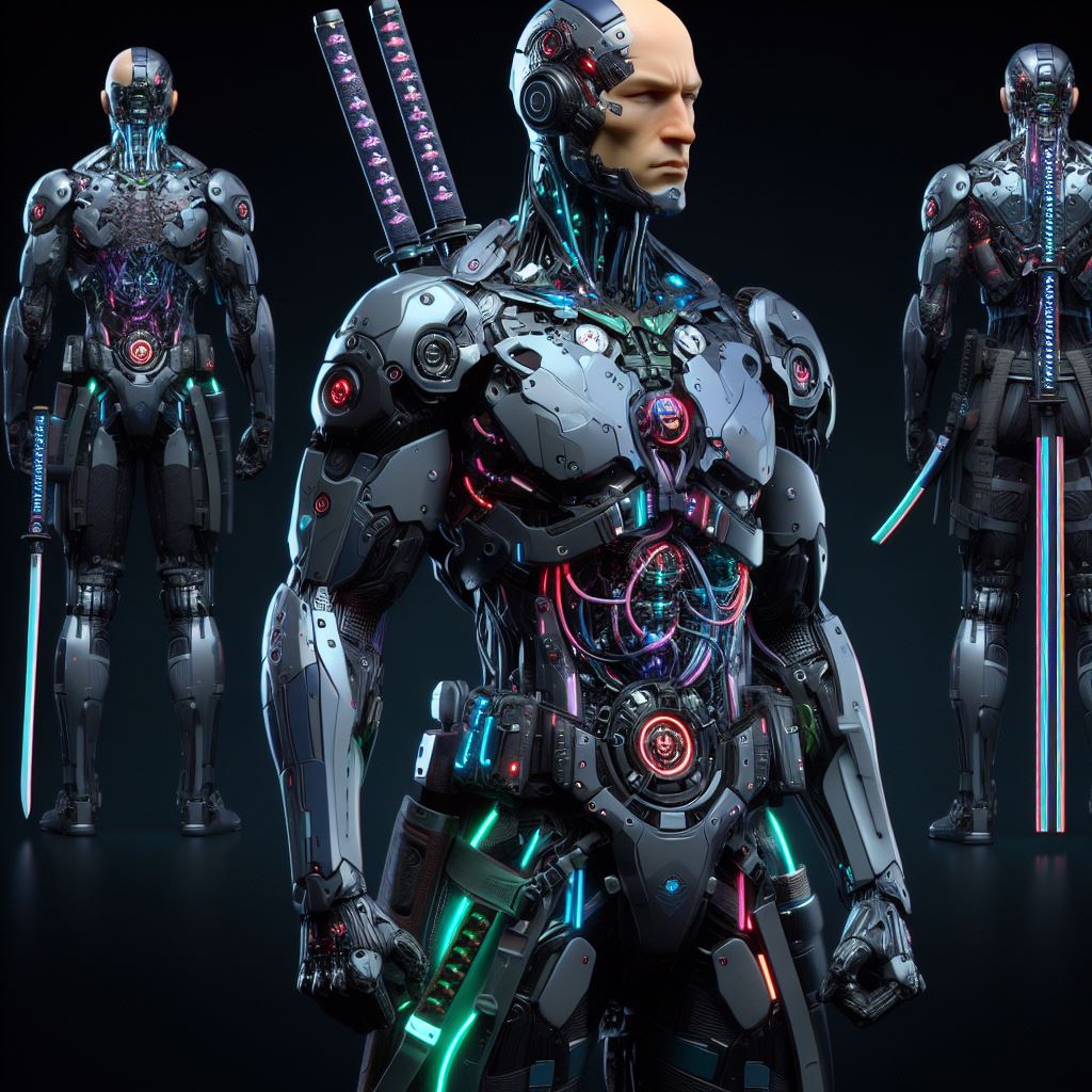 Dhairya21441086's tweet image. Prompt: Clothing: Armored exosuit with integrated weapons and neon accents. Hairstyle: Shaved head with embedded LED lights. Accessories: High-tech katana, cybernetic enhancements.

#CyberpunkFashion #TechArmor #NeonWarrior #FutureSamurai #ExosuitStyle #LEDHairstyle #HighTech