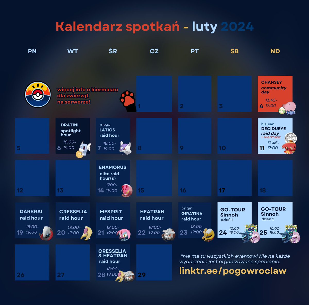 PoGoWro2's tweet photo. Kalendarz naszych spotkań na luty uzupełniony!
Wszystkie lokalizacje i szczegóły możecie zobaczyć w zakładce "wydarzenia" na naszym Discordzie.
#pokemonGO #pokemongowroclaw #wrocław #communityambassador #ambassadorprogram #pokemongoambassadorprogram
🧵↓ https://t.co/nC3RBS1oGn