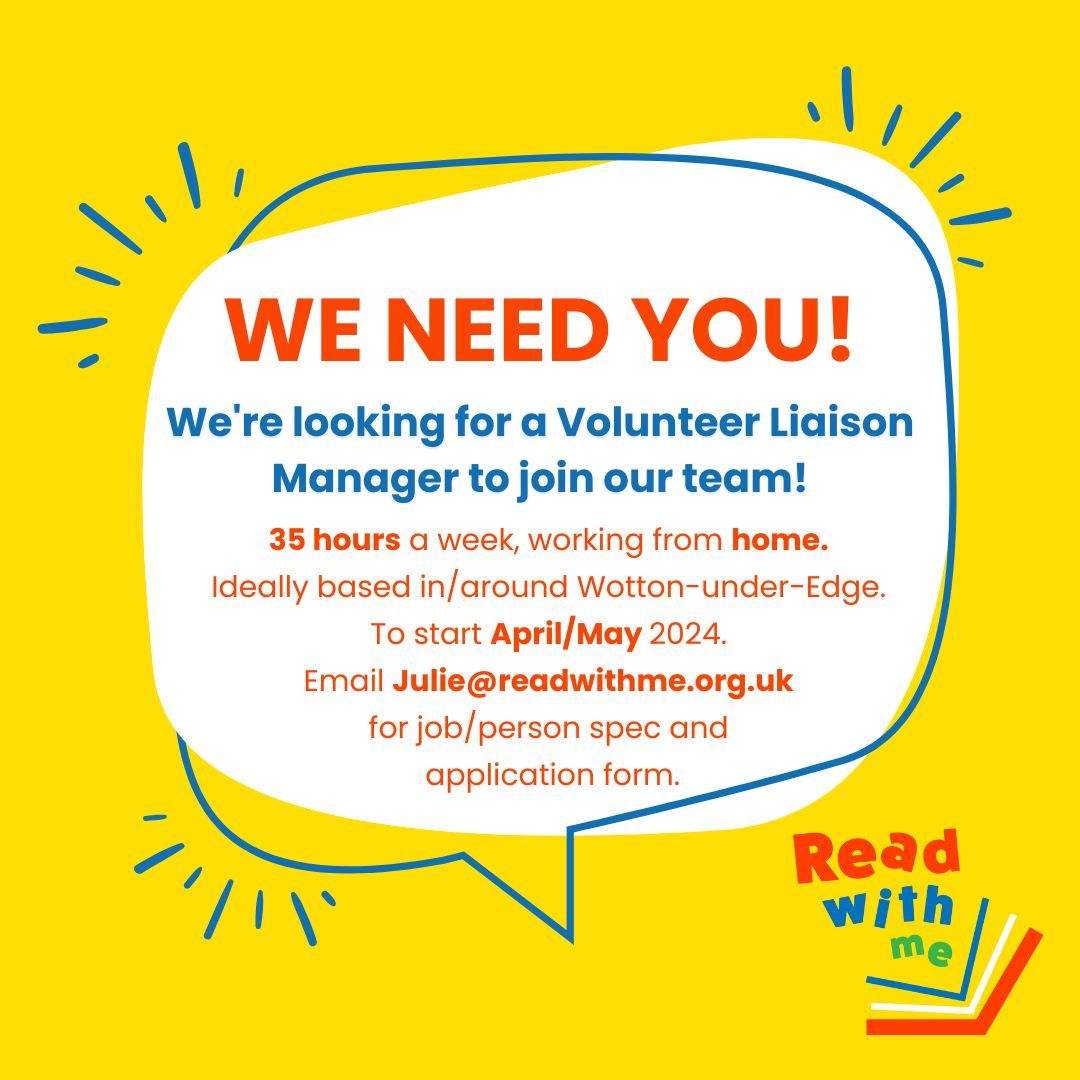 🔎 We need a Volunteer Liaison Manager to join our team! 35hrs/wk, mainly remote work. Ideally based in/around Wotton-under-Edge. Start date: April/May 2024. Contact Julie@readwithme.org.uk for job details and application form. Applications close 29th Feb. #WorkWithUs #ReadWithMe