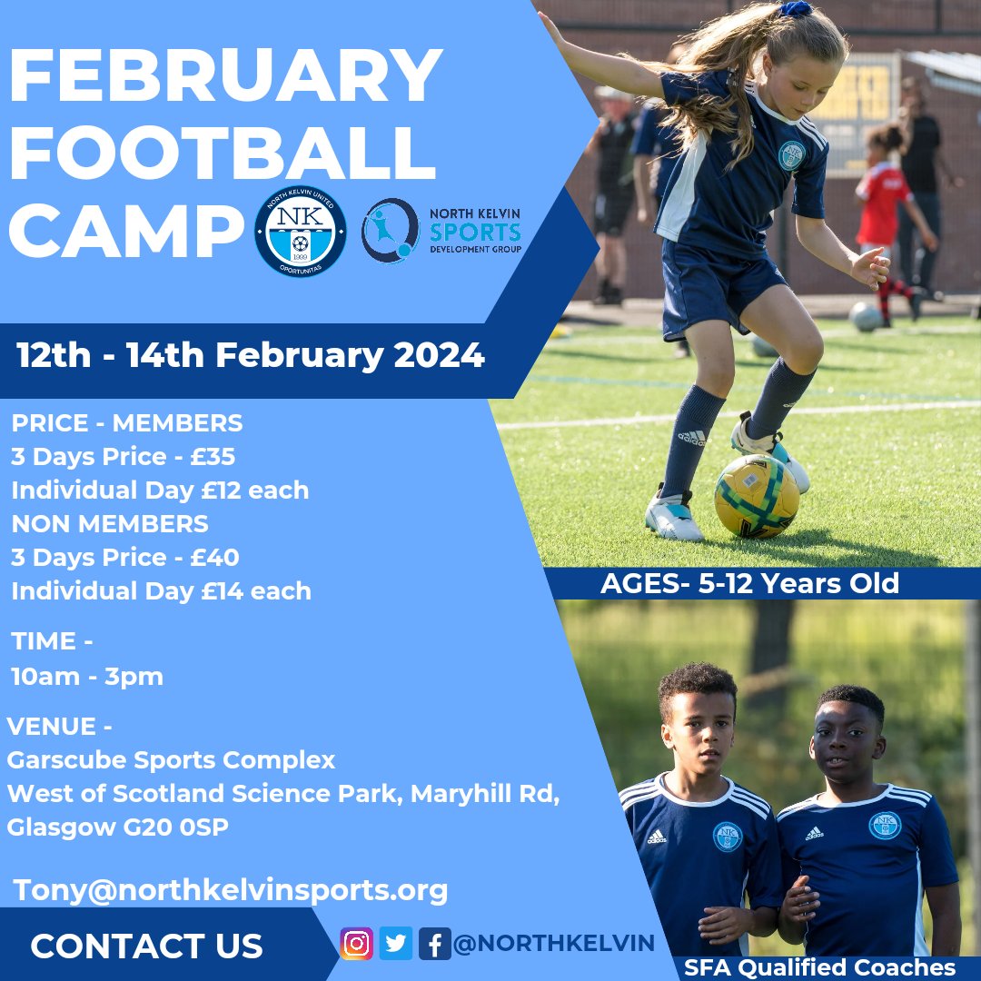 FEBRUARY FOOTBALL CAMP ⚽️ | Our first football camp in 2024 is on 12th - 14th February 👏 We are hosting a 3 day football camp at Garscube Sports Complex 💙 

If you are interested in signing up to our camp, please follow the link:

linktr.ee/northkelvinspo…

#nkunited