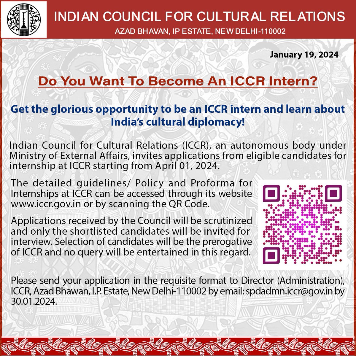 Your #opportunity to intern at ICCR awaits!   

Eligible candidates are invited to apply for an #internship starting April 1, 2024.   

For detailed guidelines, scan the QR code or visit iccr.gov.in.

 #WorkwithUs