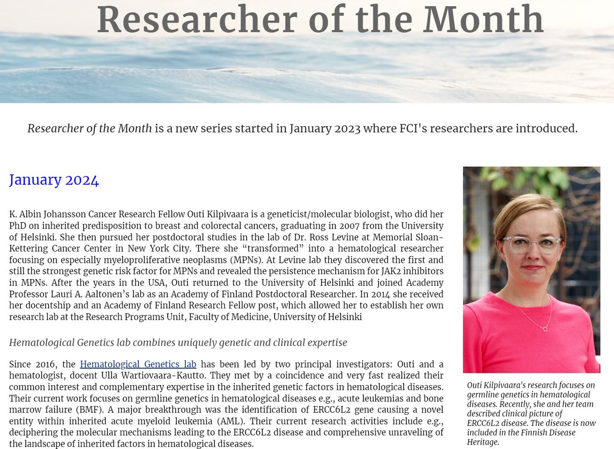 Our Researcher of the Month series continues with @OKilpivaara's interview. Outi works as a K. Albin Johansson Cancer Research Fellow and focuses on germline genetics in hematological diseases. Read more: syopainstituutti.com/researcher-pos…