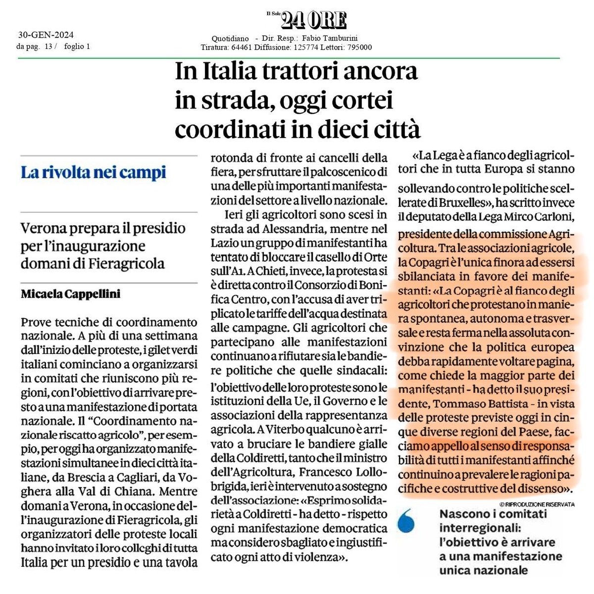 Copagri's tweet photo. #Proteste agricoltori: in Italia trattori ancora in strada e cortei in 10 città; @sole24ore rilancia appello pres #Copagri @TBattistat, unica associazione agricola al fianco dei manifestanti, affinché continuino a prevalere le ragioni pacifiche e costruttive del dissenso. https://t.co/Bmr7giAWp3