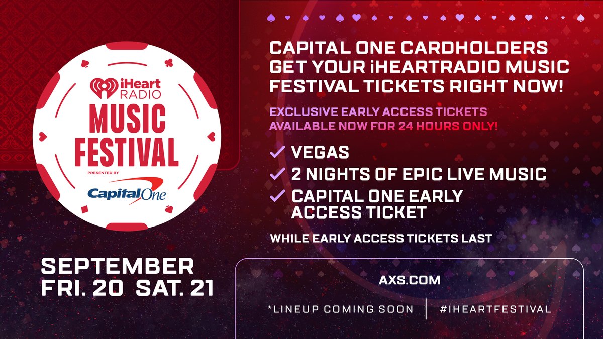 2 nights of epic live music in Vegas?! YES. Secure your #iHeartFestival tickets right now if you're a @CapitalOne cardholder! 🔥 Early Access Sale: iHeartRadio.com/Festival