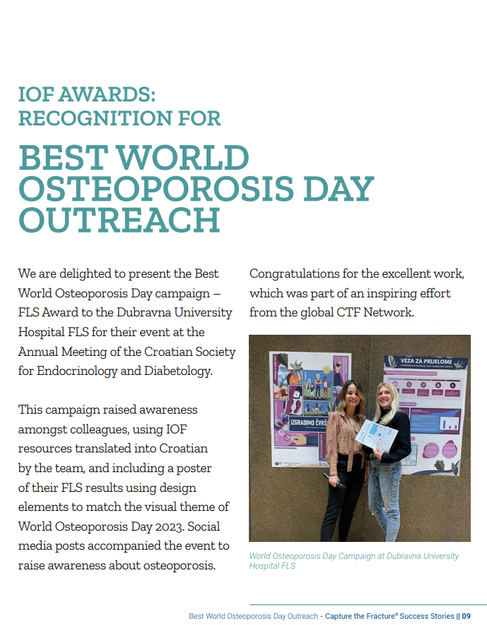 Grateful and honored that our campaign at the Annual Mtg of the Croatian Society for Endocrinology and Diabetology has been selected to win the #WorldOsteoporosisDay Best FLS Campaign for 2023 bit.ly/3HCwpI0 #CapturetheFracture #kbdubrava #iofbonehealth @croendoyoung