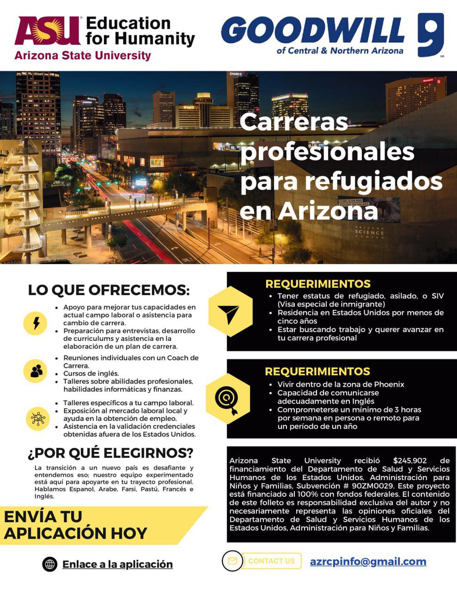 Join Arizona Refugee Career Pathways program to benefit from career guidance, skills training, and English language training.
Apply by filling out the application form, link below. 
docs.google.com/forms/d/e/1FAI…

#refugeesupport #ASUeducationForHumanity #ArizonaStateUniversity #azrcp