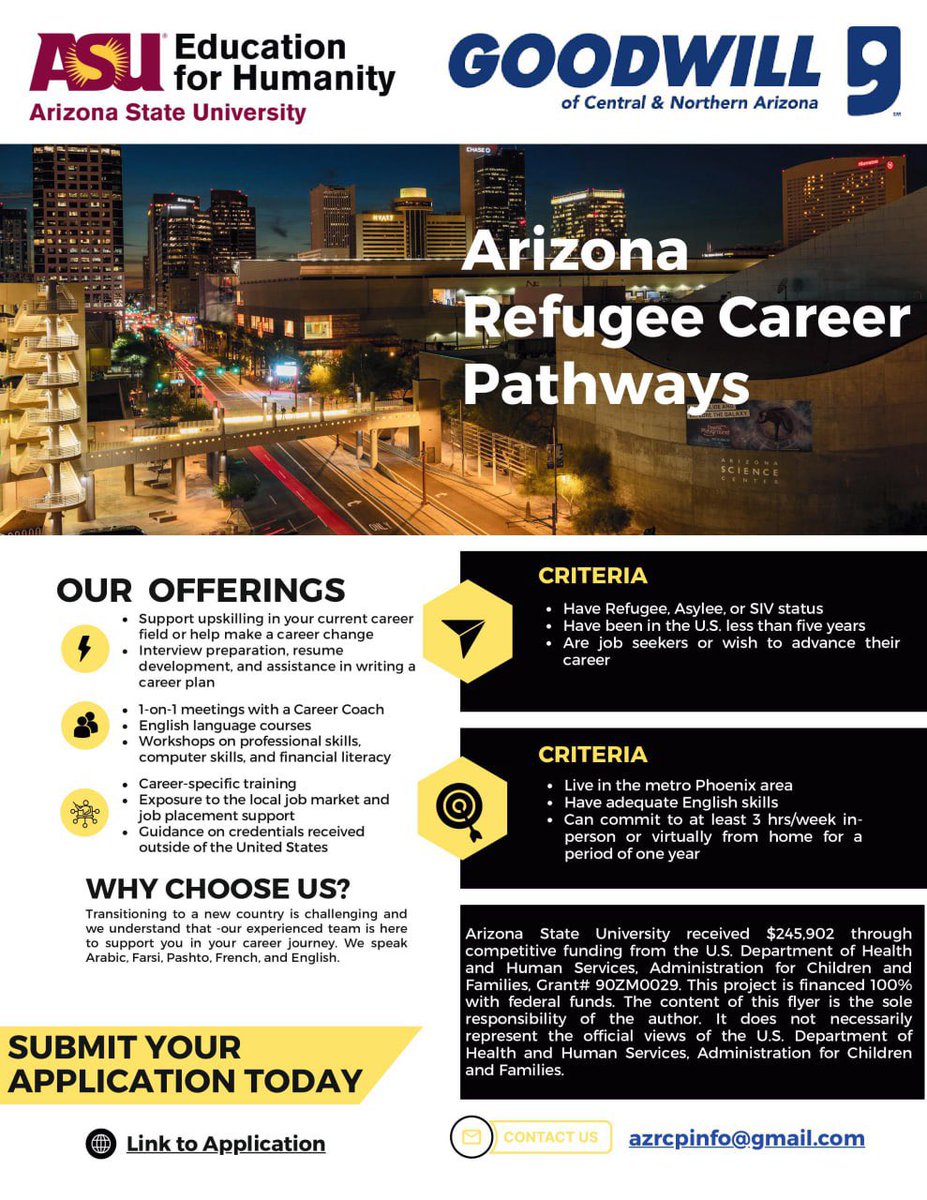 ASUed4humanity's tweet photo. Join Arizona Refugee Career Pathways program to benefit from career guidance, skills training, and English language training.
Apply by filling out the application form, link below. 
https://t.co/SnSlUGejOA

#refugeesupport #ASUeducationForHumanity #ArizonaStateUniversity #azrcp https://t.co/5FylGRvJbu
