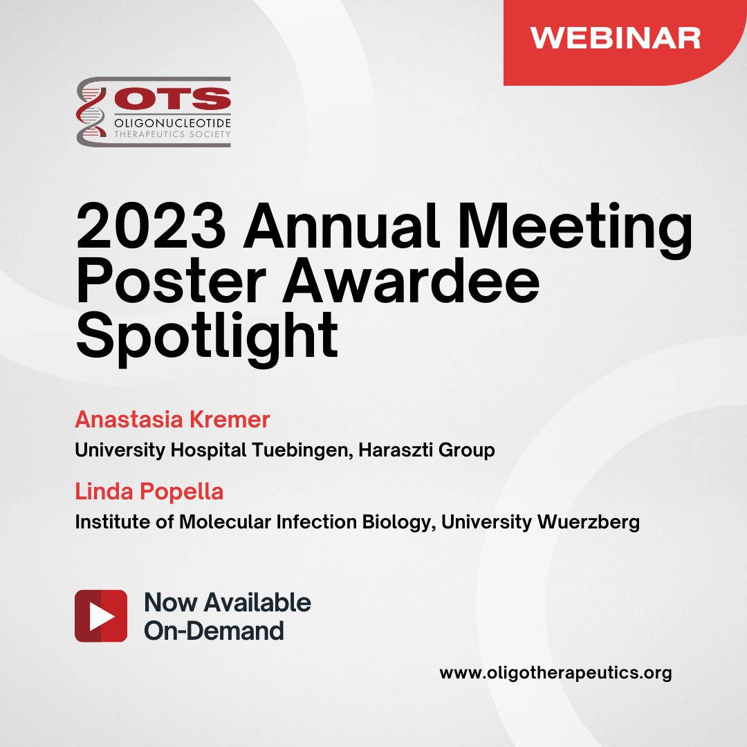 OTSociety's tweet photo. Last week's webinar on "2023 Annual Meeting Poster Awardee Spotlight," featuring Anastasia Kremer and Linda Popella, is now available on-demand.
https://t.co/4PBgUBdoB1
#OTS #oligotherapeutics #oligonucleotides #science #research #webinar #currentscience #healthinsights https://t.co/FBcLAvSTOn