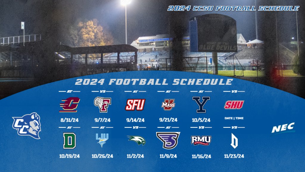 📅📢2024 @CCSU_FB Schedule Announced 🏈5 home games 🏈6 @NECFootball games 🏈Open season at CMU, 8/31 🏈2 in-state opponents (Yale, SHU) 🏈Play at UMass 🏈3 of last 4 games at Arute 📰tinyurl.com/yjtu49f3 🗓️tinyurl.com/y27w7wb6 #GoBlueDevils | #NECFB | @CCSUfootball