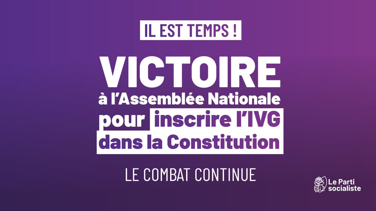 🟣 Victoire ! L'Assemblée nationale vient de voter en faveur de l’inscription de la liberté de recourir à l’IVG dans la Constitution. Nous continuons le combat aux côtés des associations féministes pour que ce vote soit confirmé par le Sénat. #DirectAN