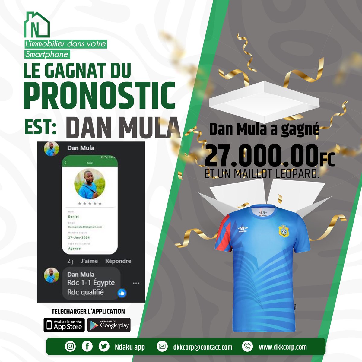 AppNdaku's tweet photo. 📌Toutes nos félicitations à monsieur Dan Mula pour son pronostic exact sur le match de dimanche dernier.

Voici où télécharger👇🏾
Lien Android : https://t.co/KFa4LkSCTz  

Lien iOS: https://t.co/aOBiBnfK0j

#ndakuapp #Congo #RDC #CAN2023 #kinshasa #applimobile #telecharger https://t.co/J9Jb0qdcGP