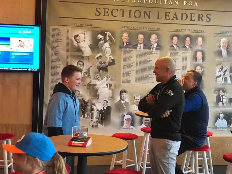 AndyCraneGolf's tweet photo. Great @MetropolitanPGA seminar with @roblabritzgolf this morning. 
We cheer Rob on for a lot of reasons on the @ChampionsTour but the biggest is the type of guy he is. 
(Here he is just chatting it up with my son, who’s now a HS golfer at the PGA at PB, Thomas still is a BIG fan) https://t.co/oM09zFX4G3
