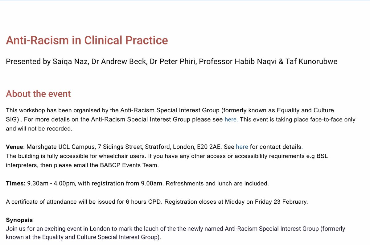 Calling all PWPs and CBT therapists ! Very special SIG event coming up! Celebrating the renaming and refocusing of our our SIG as the Anti-Racism SIG 1 March 2024 in London. What a line up! babcp.com/Events/Event-D… @Shah_257 @BABCP @LeilaLawton3 @DanielaZigova @RaniCBT