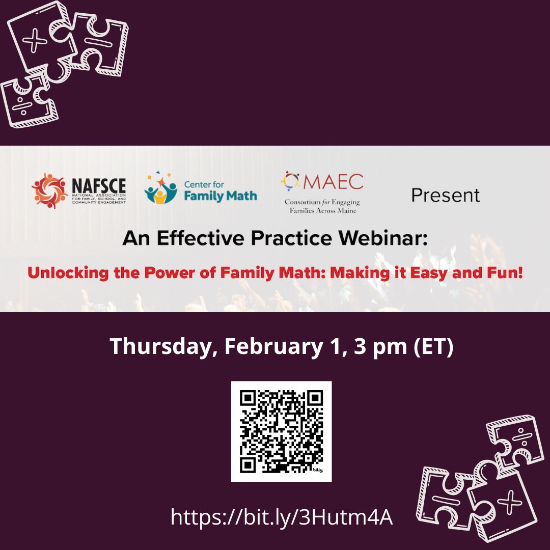 Tomorrow! Learn how to build a positive math identity at home in CEFAM’s Family Math Webinar Series with <a href="/NAFSCE/">NAFSCE</a> and <a href="/CenterforFM/">Center for Family Math</a> 

Unlocking the Power of Family Math: Making it Easy and Fun!  

📅: Thursday, 2/1 at 3 pm (ET) 
✍ Register: bit.ly/3Hutm4A