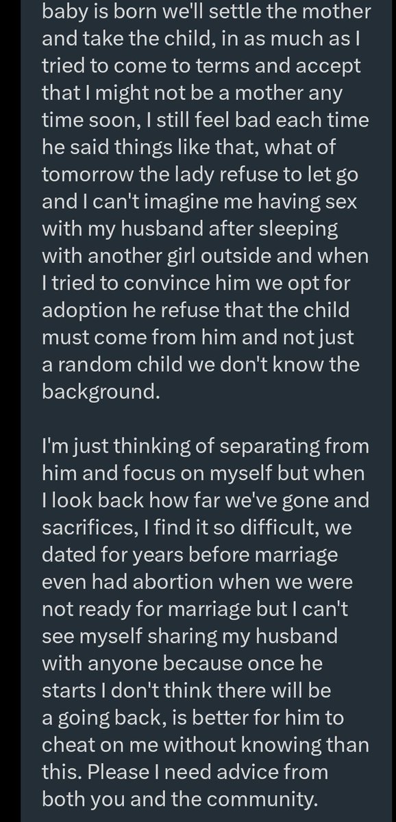 Can I get some very mature minds to discuss and advise this married woman?

Her story is touching and it again depicts the selfishness of men.

Let me flip it because of the sensitive nature of her plight.

If her husband was the one with fertility issues, would he have allowed