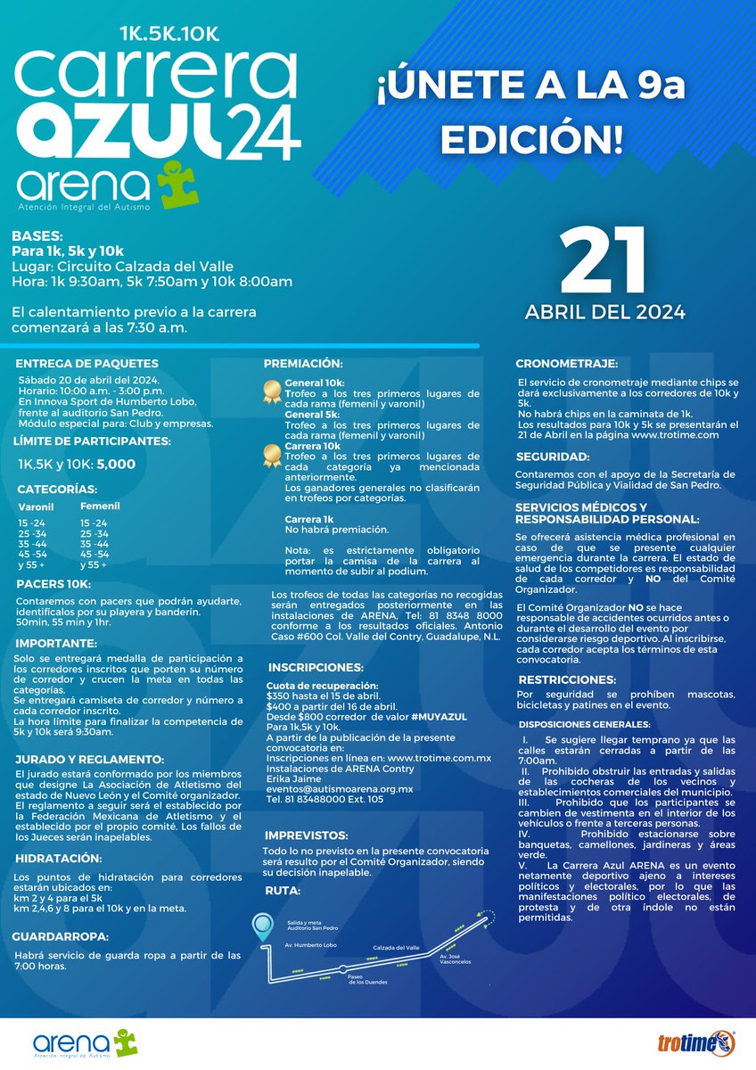 📣Te compartimos la convocatoria de la 9na Edición de La Carrera AZUL ARENA 2024!. Puedes inscribirte en:
🧩Trotime: bit.ly/CarreraAzul2024
🧩ARENA Unidad Contry