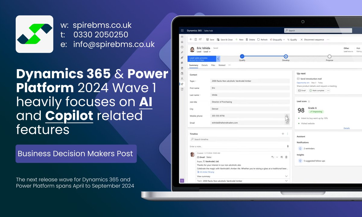 SpireBMS's tweet photo. The next release wave for #Dynamics365 and #PowerPlatform spans April to September 2024 and will span a range of foundational and forward-looking features. #Copilot remains nearly omnipresent.  https://t.co/YM2qM0TZC4 https://t.co/ScGtU2PCtr