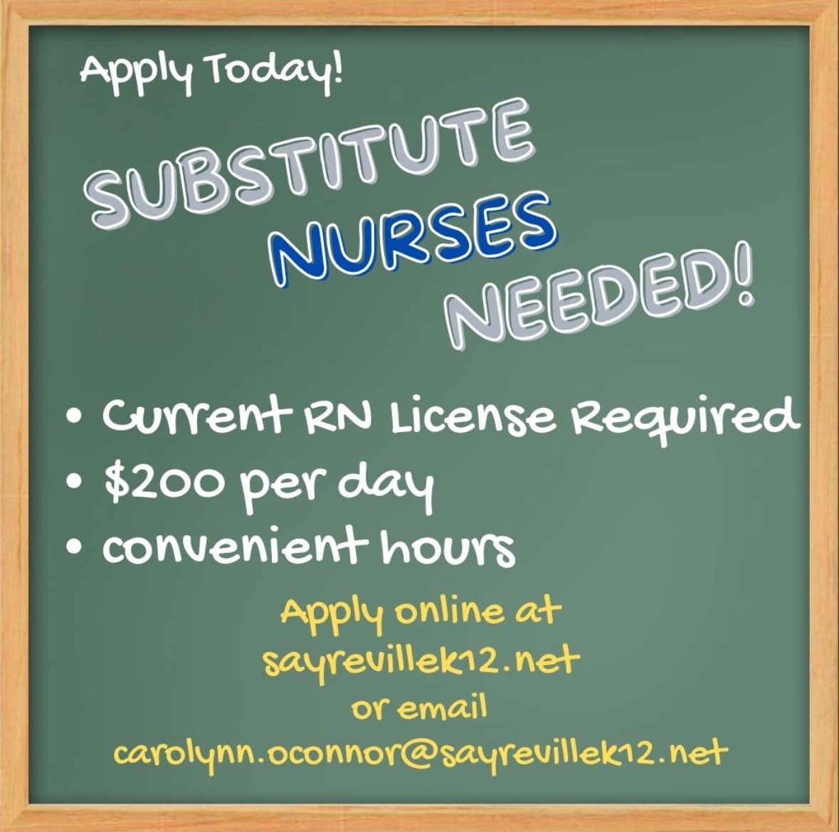 Sayrevillek12's tweet photo. Substitute Nurses Needed! https://t.co/EIffbeXOVl