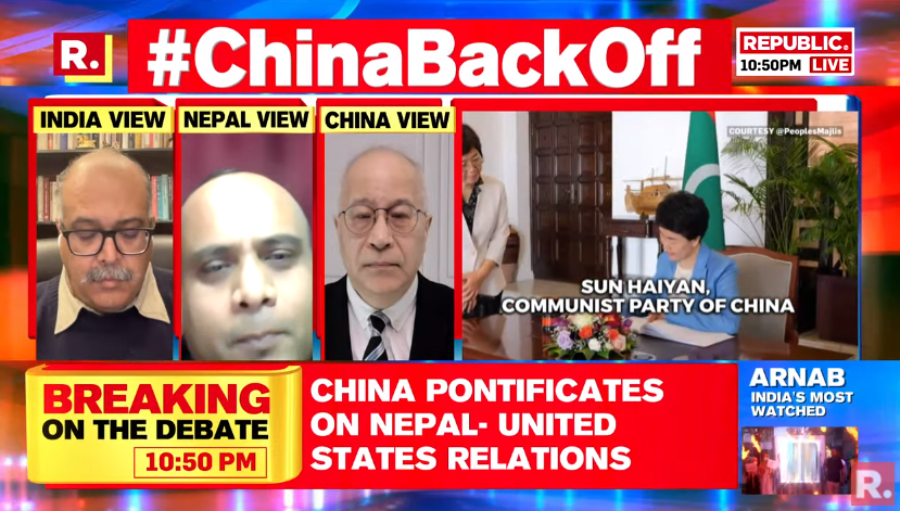 republic's tweet photo. #ChinaBackOff | There are some misunderstandings between Nepal and China but they are not instigated by anyone: Anil Giri (@anilkathmandu), Sr. Journalist
Tune in for The Debate and fire your views with the hashtag - https://t.co/74kUBBkUGf
#China #Ladakh #India #JammuAndKashmir #Nepal #Maldives