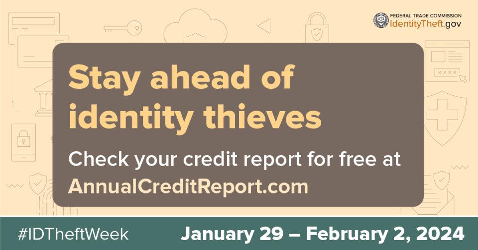 Did you know that this week is Identity Theft Awareness Week? Find out what to do if your identity is stolen. #IDTheftWeek runs from January 29 - February 2 . Visit ftc.gov/IDTheftWeek to learn about free events and resources. #IDTheft