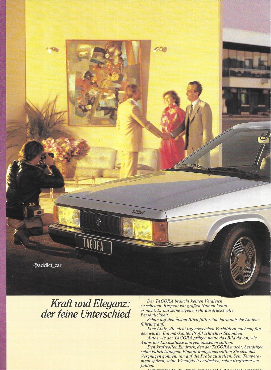 addict_car's tweet image. Talbot's ill-fated Tagora flagship is shown in its top-of-the-range SX V6 form in this German brochure from 1983, with a suitably aspirational mix of background images. The Tagora was a Chrysler Europe project brought to market (perhaps unwisely) by Peugeot. #carbrochure #Talbot