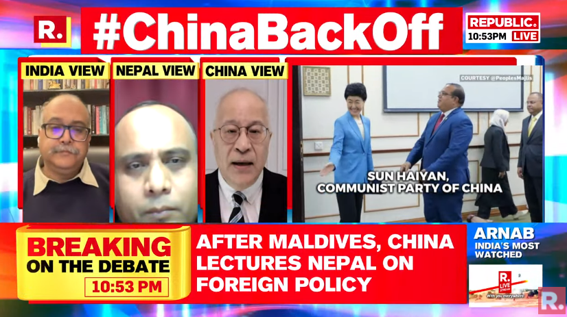 republic's tweet photo. #ChinaBackOff | The relations between Nepal, India and China are not subtle. And that includes Beijing as well as Delhi: Einar Tangen (@ehtangen), Political Affairs Commentator
Tune in for The Debate and fire your views with the hashtag - https://t.co/74kUBBkUGf
#China #Ladakh #India #JammuAndKashmir #Nepal #Maldives