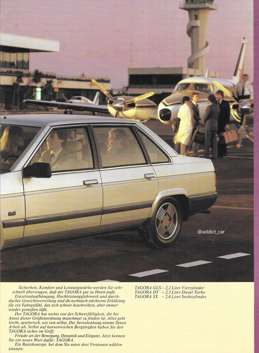 addict_car's tweet image. Talbot's ill-fated Tagora flagship is shown in its top-of-the-range SX V6 form in this German brochure from 1983, with a suitably aspirational mix of background images. The Tagora was a Chrysler Europe project brought to market (perhaps unwisely) by Peugeot. #carbrochure #Talbot