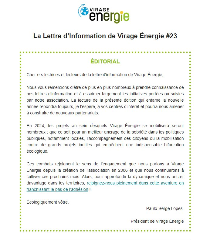 La nouvelle lettre d'informations de Virage Énergie est l'occasion de revenir sur plusieurs initiatives entamées ces dernières semaines (plan paysage de territoires, rendre la sobriété désirable, création de fiches pratiques,....). A essaimer. -> mailchi.mp/3a56d725a679/4…