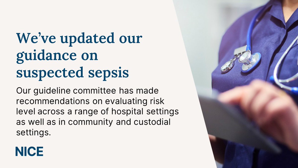 Our updated guidance on recognising, diagnosing and the early management of suspected sepsis recommends more targeting of antibiotics to those at the highest risk. Learn more: nice.org.uk/News/Article/u… #NICENews