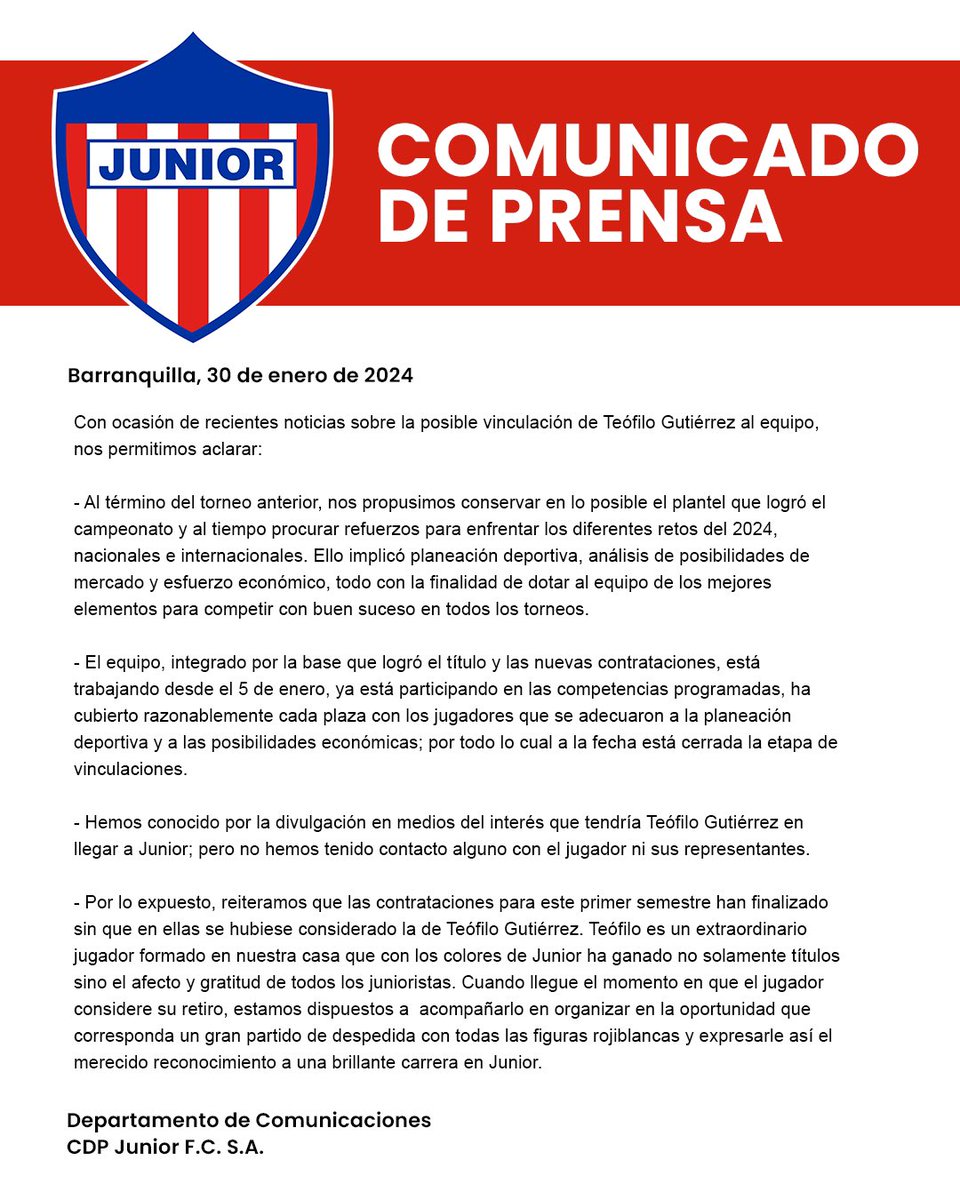 JuniorClubSA's tweet image. 📄 COMUNICADO DE PRENSA.