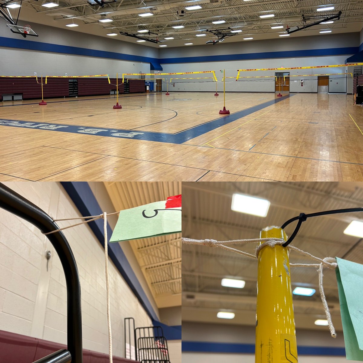 Wanted to share my VBALL net set up! I run nets from bleacher to bleacher using poachers knot loops for easy setup and take down. Zip ties hold loops in place. 8 - 20ft courts accommodate 96 kiddos #worksinMSPEtoo
#physed #iteachpe #makethebestofeveryday
#allkidslovetoplay
