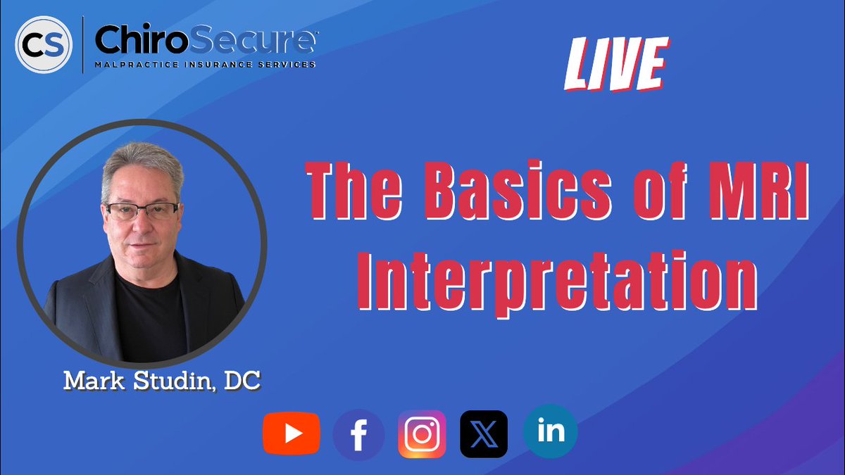 ChiroSecure's tweet photo. Live today, Jan. 30th at 1:00 PM ET.
The Basics of MRI Interpretation.👍🎥🔊👊🕐
Live on Twitter: https://t.co/nu2I5kzChR
Mark Studin DC presents:
Bulges, Herniations, Protrusions
#chiropractic #chiropractor #malpracticeinsurance #chiropracticcredentialing https://t.co/tg4IWJanQw