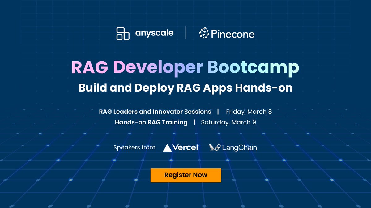 Ready to hear from #RAG experts at @LangChainAI @vercel @pinecone @anyscalecompute and get hands-on with intensive guided trainings? The 2-day RAG Developer Bootcamp is for you! Learn more & register now 👉hubs.ly/Q02j9QmW0 #llm #ml #rag #ai #vectordatabase #ray #pinecone