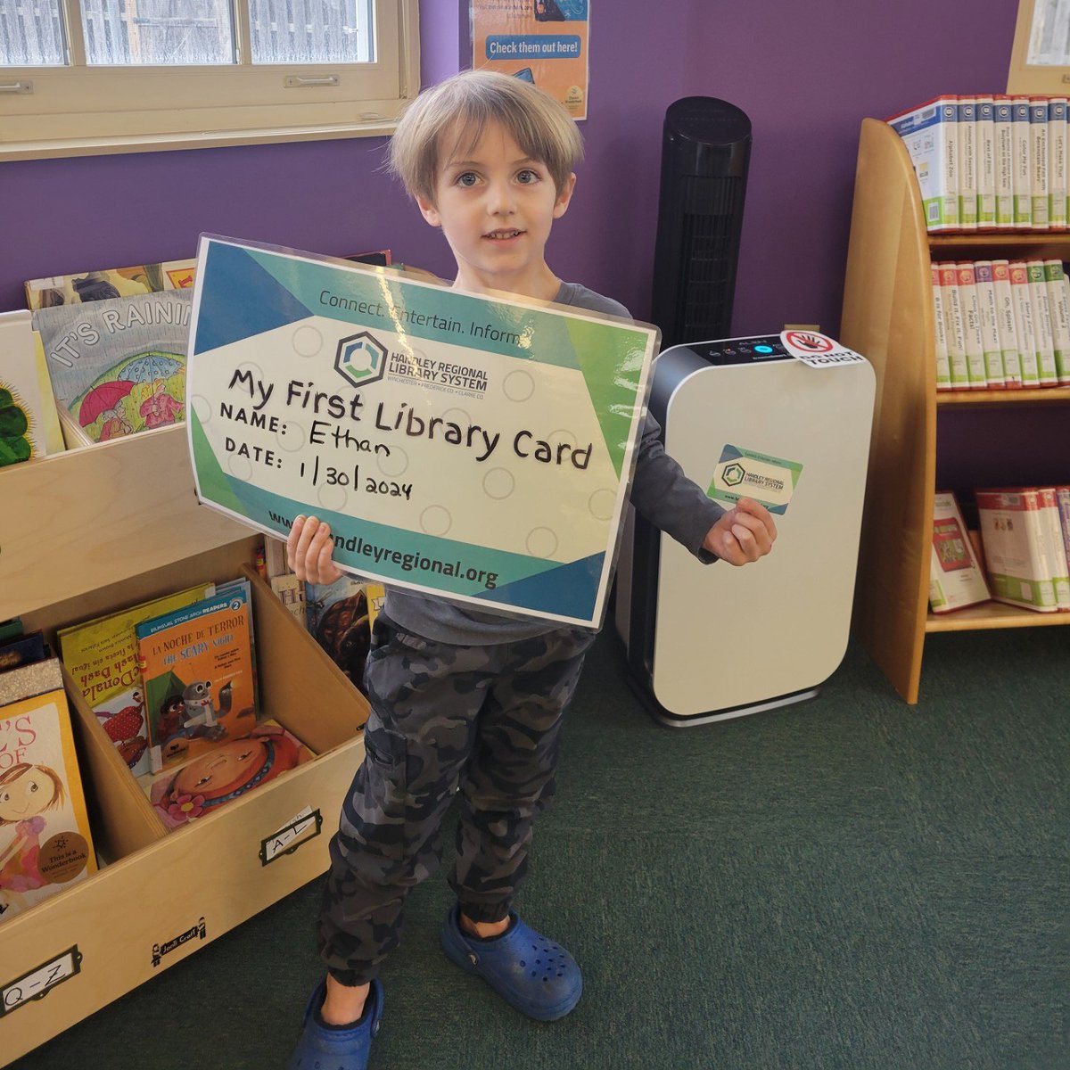 handleyregional's tweet photo. Today at Clarke County Library, Ethan got his first library card! Congratulations and Welcome, Ethan. Here's to a lifetime of learning and growing! #lovehrls #firstlibrarycard https://t.co/wklUz3MkV1