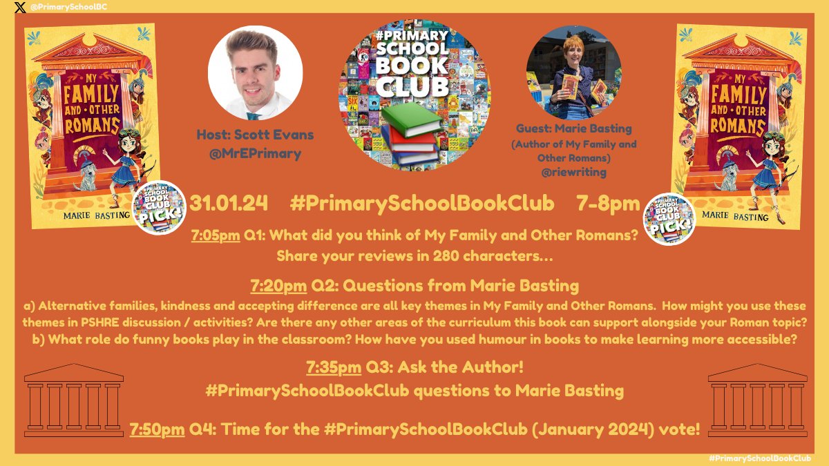 🌆Evening! 👀Check out the questions for TOMORROW evening's #PrimarySchoolBookClub📷 31.01.24 with @riewriting, author of #MyFamilyAndOtherRomans🏛️ 🔁RT! 🔖Join in using the#⃣ #PrimarySchoolBookClub for book club, chat and vote between 7-8pm! @chickenhsebooks
