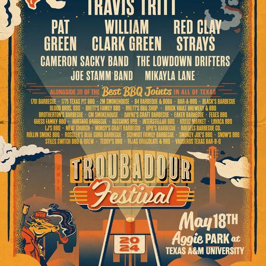 The @troubadour_fest announcement was officially offical this morning.
BBQ and Music

May 18th at Aggie Park. 
Tickets go on sale this Friday at 10:00am.

35 BBQ places, Travis Tritt headlining the music.

This was one of my favorite things I did last year.

#TroubadourFestival