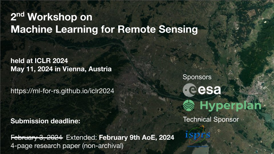 Marc Rußwurm (@marccoru) on Twitter photo ⏰ We extended the deadline for the <a href="/iclr_conf/">ICLR 2026</a> #ML4RS workshop!
The new deadline is Feb 9th! 🙌
Thanks to <a href="/hyperplan_eu/">Hyperplan</a> and <a href="/esa/">European Space Agency</a>, we also have limited funding to help students travel to the conference:
Please check the requirements on our website
ml-for-rs.github.io/iclr2024/#trav… ⏰ We extended the deadline for the <a href="/iclr_conf/">ICLR 2026</a> #ML4RS workshop!
The new deadline is Feb 9th! 🙌
Thanks to <a href="/hyperplan_eu/">Hyperplan</a> and <a href="/esa/">European Space Agency</a>, we also have limited funding to help students travel to the conference:
Please check the requirements on our website
ml-for-rs.github.io/iclr2024/#trav…