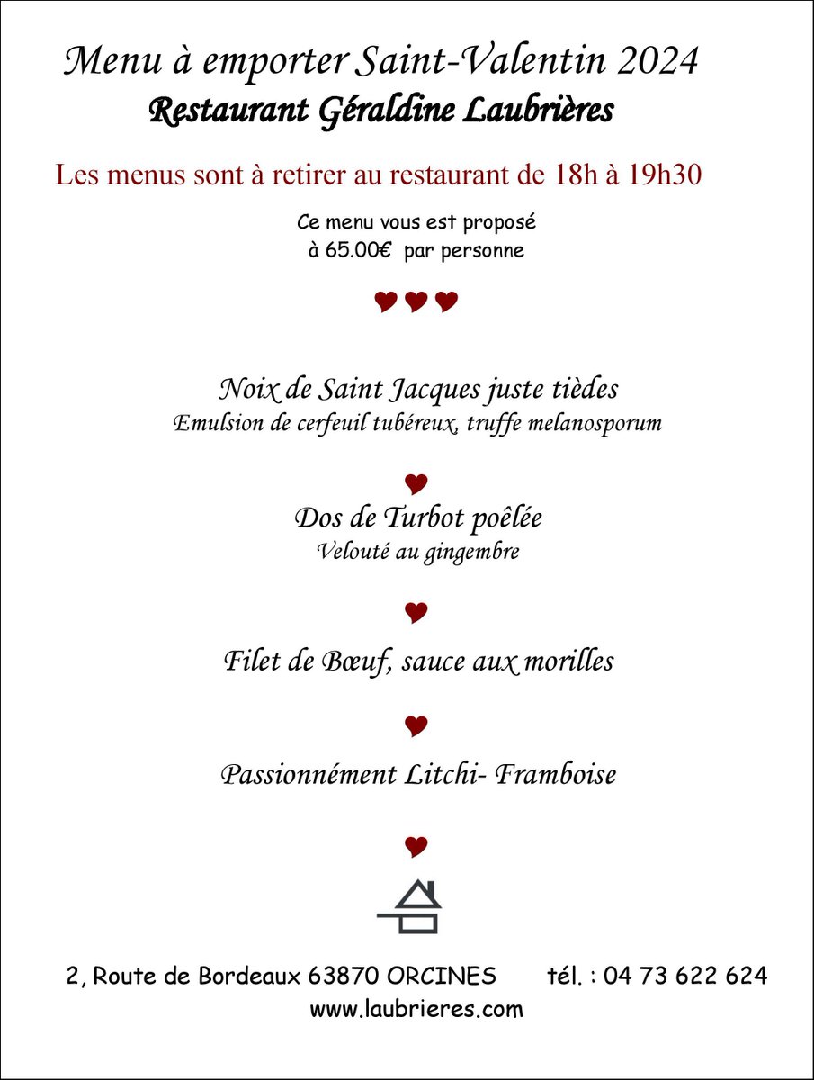 AubergeBaraque's tweet photo. Notre menu à emporter pour la Saint Valentin est en ligne, réservez le dès à présent, #CLERMONTFD #CLERMONT #CHAMALIERES #ROYAT #CEYRAT #BEAUMONT #AUBIERE #RIOM #ORCINES https://t.co/6RiRX7VxmS