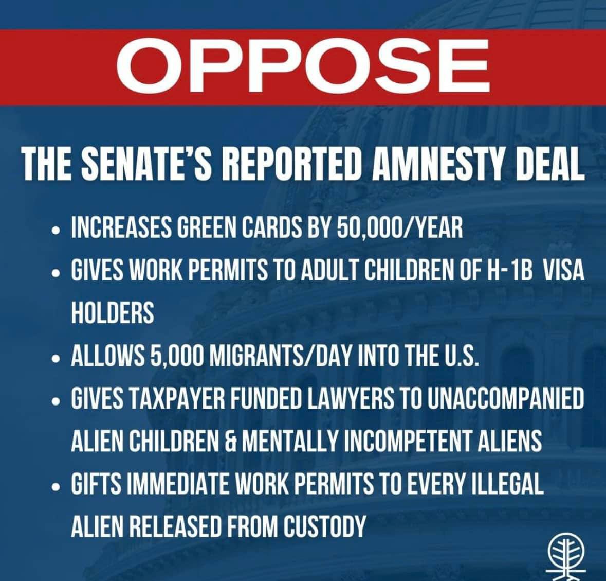 Pixie1z's tweet image. The Senate's amnesty deal

🔹Increases green cards by 50,000/year
🔹Gives work permits to adult children of H-1B holders
🔹Allows 5000 illegal aliens into the US daily 
🔹Gives taxpayer funded lawyers to unaccompanied alien children and mentally incompetent aliens
🔹Gifts work…